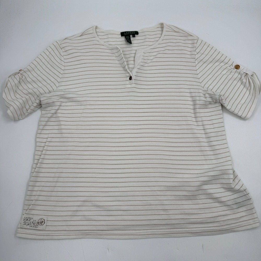 Lauren Ralph Lauren Women's‎ Striped Henley Shirt Roll Tab Sleeves 2X
